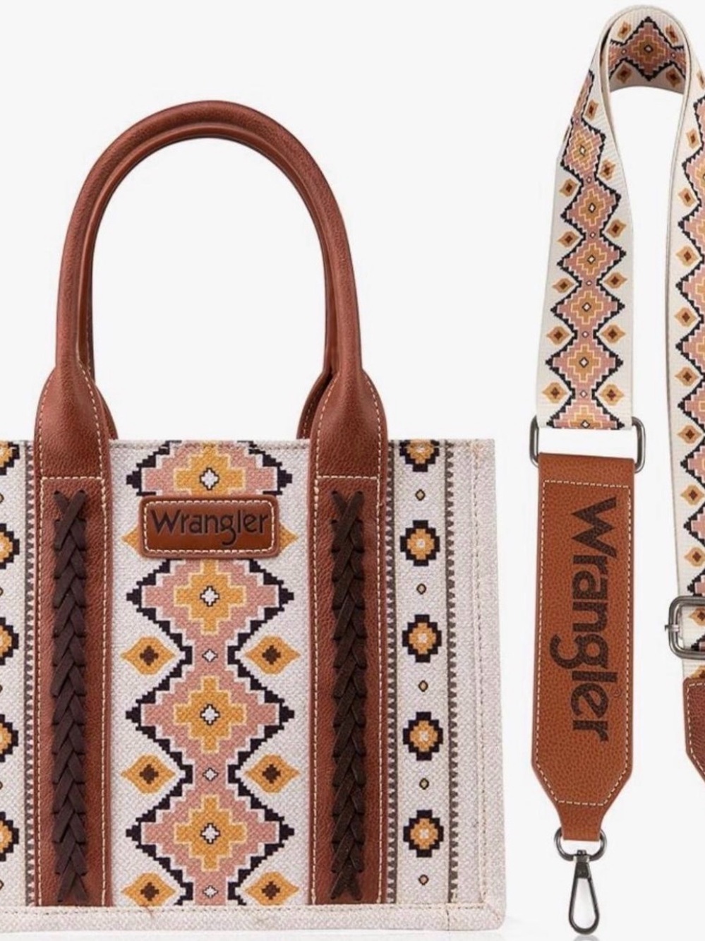 Wrangler Pink, Brown & Cream Geometric Embroidered Tote with Detachable Strap